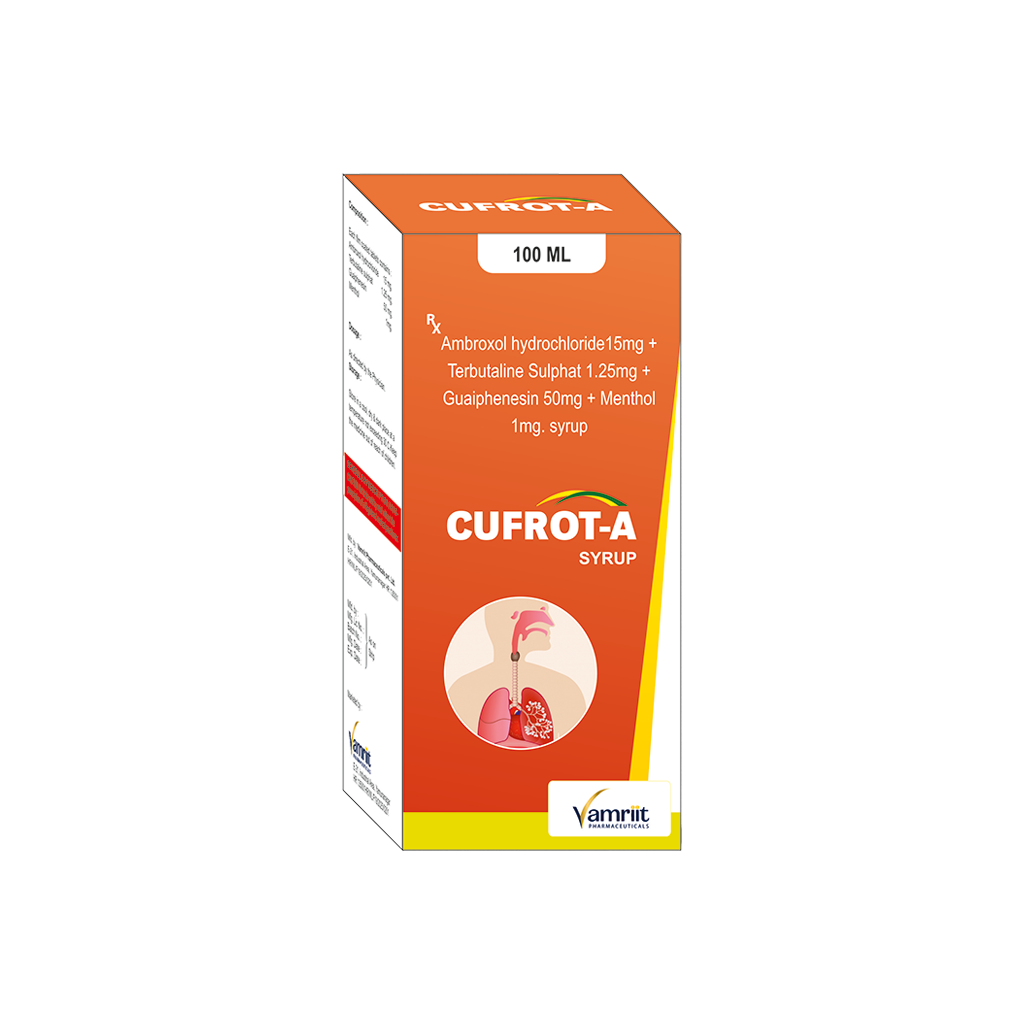 Cufrot A Ambroxol Hydrochloride 15 mg + Terbutaline Sulphate 1.25 mg + Guaiphenesin 50 mg + Menthol 1 mg Syrup by Vamriit Pharmaceuticals | PCD Pharma Franchise & Third Party Manufacturing