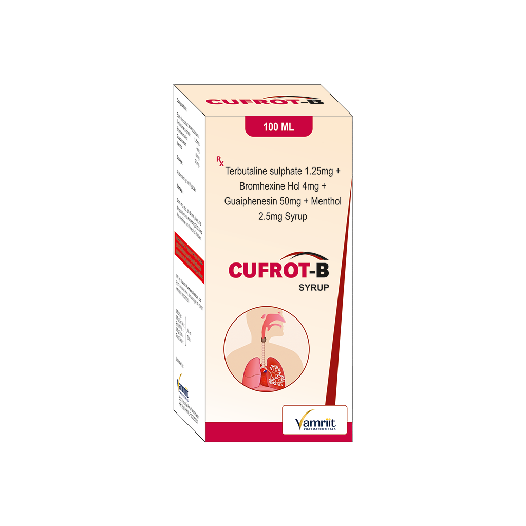 Cufrot B Terbutaline Sulphate 1.25 mg + Bromhexine HCl 4 mg + Guaiphenesin 50 mg + Menthol 2.5 mg Syrup by Vamriit Pharmaceuticals | PCD Pharma Franchise & Third Party Manufacturing
