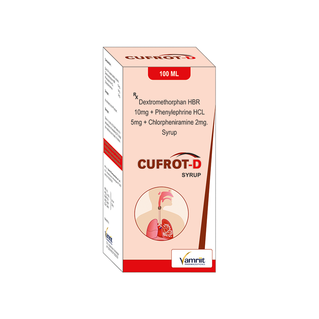 Cufrot D Dextromethorphan HBR 10 mg + Phenylephrine HCl 5 mg + Chlorpheniramine 2 mg Syrup by Vamriit Pharmaceuticals | PCD Pharma Franchise & Third Party Manufacturing
