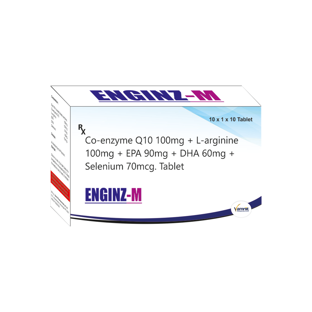 Enginz M Coenzyme Q10 100 mg + L Arginine 100 mg + EPA 90 mg + DHA 60 mg + Selenium 70 mcg by Vamriit Pharmaceuticals | PCD Pharma Franchise & Third Party Manufacturing