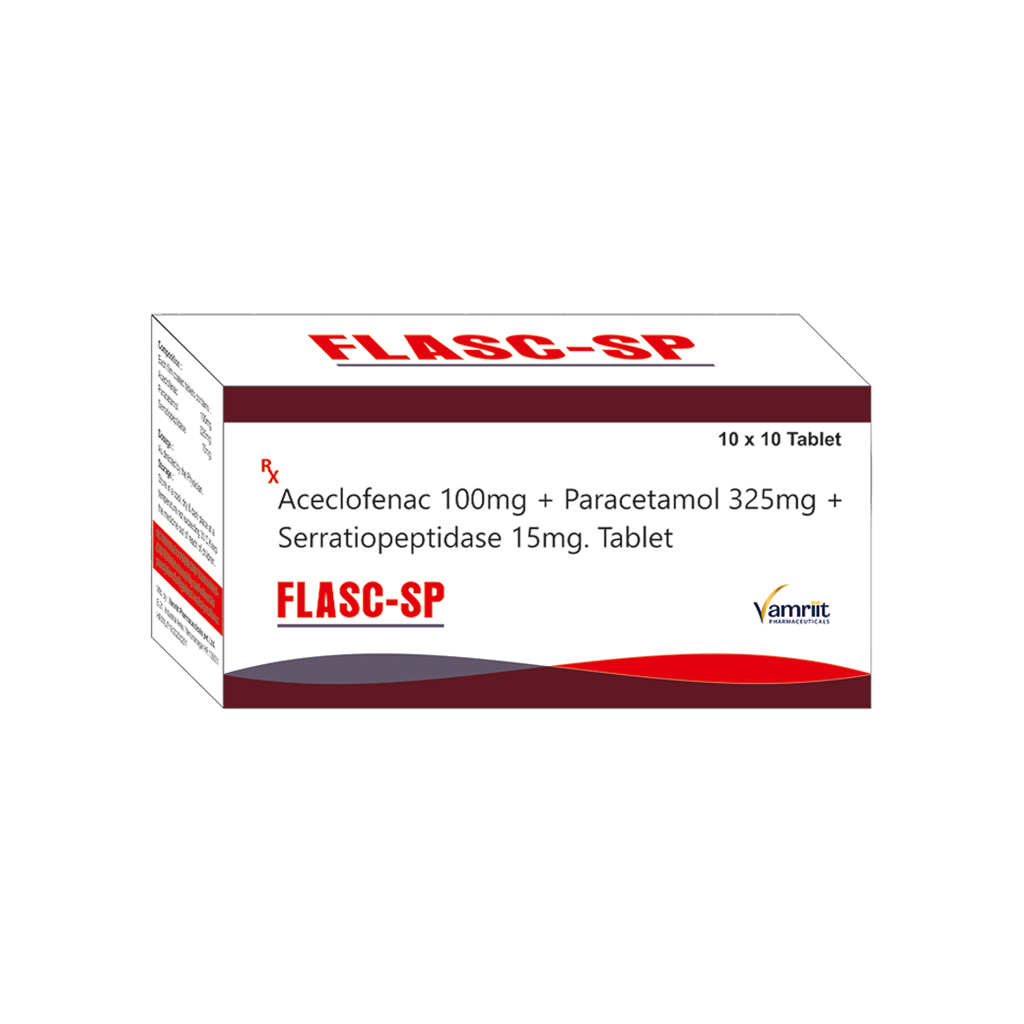 Flasc SP Aceclofenac 100 mg + Paracetamol 325 mg + Serratiopeptidase 15 mg by Vamriit Pharmaceuticals | PCD Pharma Franchise & Third Party Manufacturing