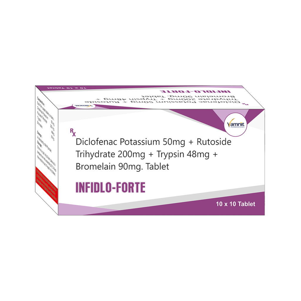 Infidlo Forte Diclofenac Potassium 50 mg + Rutoside 200 mg + Trypsin 48 mg + Bromelain 90 mg  Packing: by Vamriit Pharmaceuticals | PCD Pharma Franchise & Third Party Manufacturing