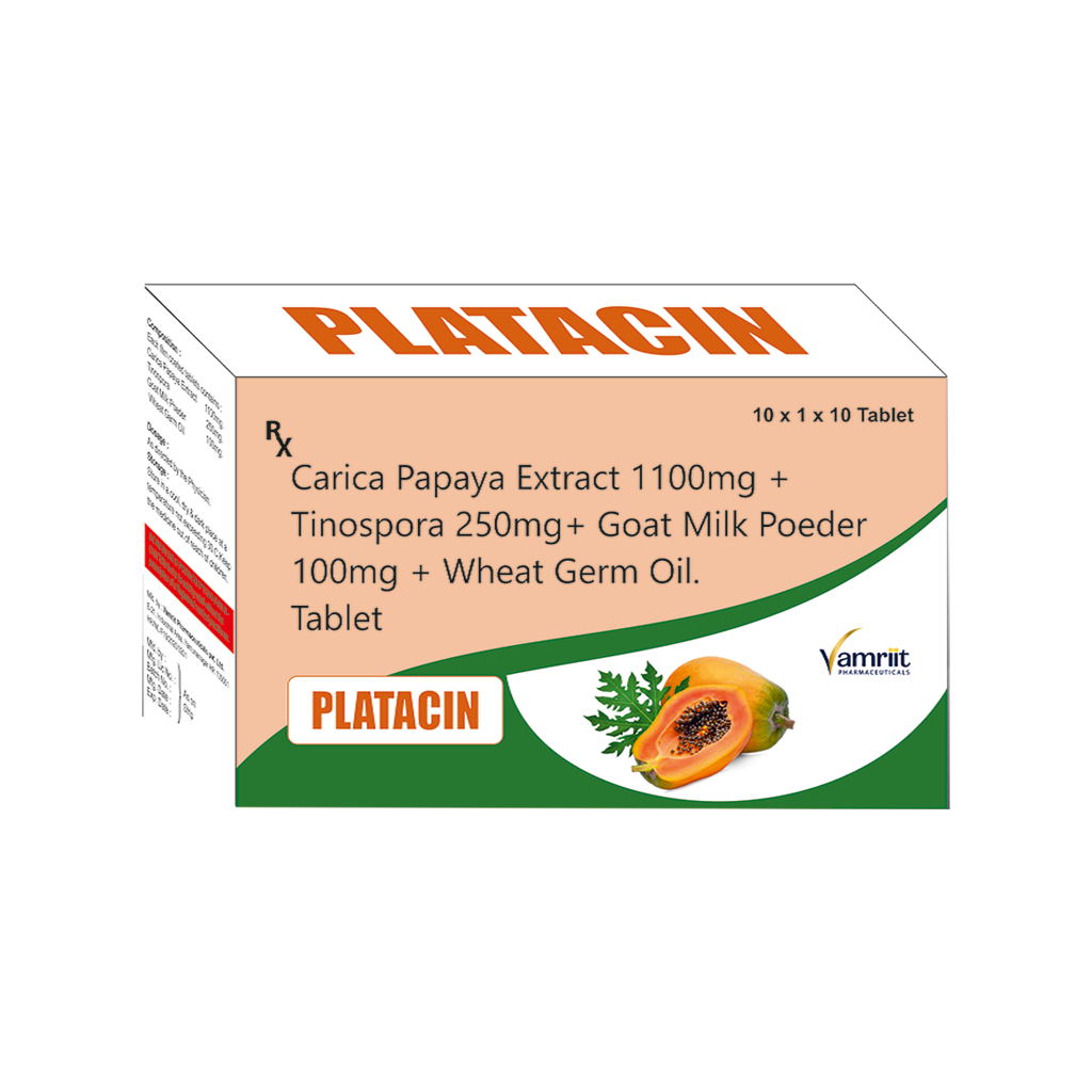 Platacin Carica Papaya Extract 1100 mg + Tinospora 250 mg + Goat Milk Powder 100 mg + Wheat Germ Oil by Vamriit Pharmaceuticals | PCD Pharma Franchise & Third Party Manufacturing