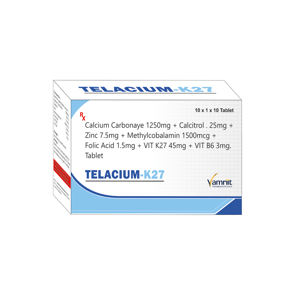 Telacium K27 Calcium Carbonate 1250 mg + Calcitriol 0.25 mcg + Zinc 7.5 mg + Methylcobalamin 1500 mcg + Folic Acid 1.5 mg + Vitamin K27 45 mcg + Vitamin B6 3 mg Tablet by Vamriit Pharmaceuticals | PCD Pharma Franchise & Third Party Manufacturing