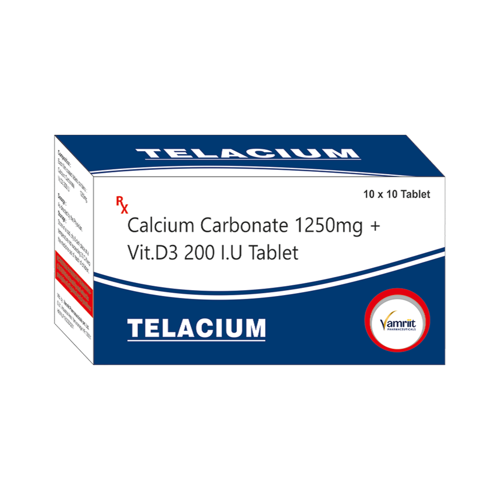 Telacium Calcium Carbonate 1250 mg + Vitamin D3 200 IU by Vamriit Pharmaceuticals | PCD Pharma Franchise & Third Party Manufacturing
