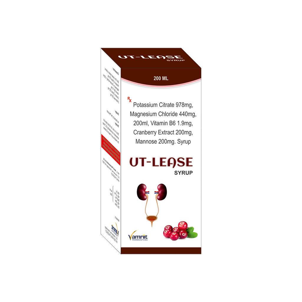 UT Lease Potassium Citrate 978 mg + Magnesium Chloride 440 mg + Vitamin B6 1.9 mg + Cranberry Extract 200 mg + Mannose 200 mg Syrup by Vamriit Pharmaceuticals | PCD Pharma Franchise & Third Party Manufacturing
