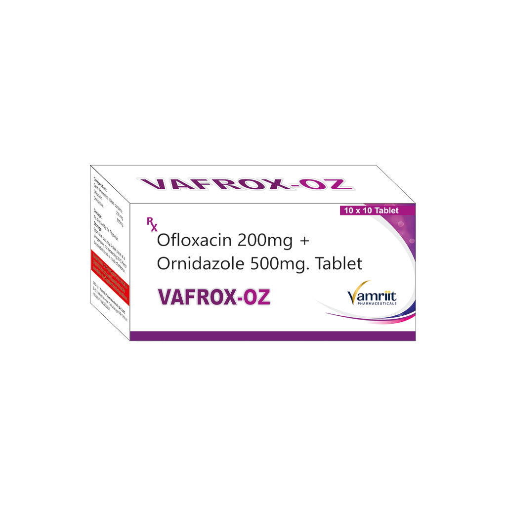 Vafrox OZ Ofloxacin 200 mg + Ornidazole 500 mg Tablet by Vamriit Pharmaceuticals | PCD Pharma Franchise & Third Party Manufacturing