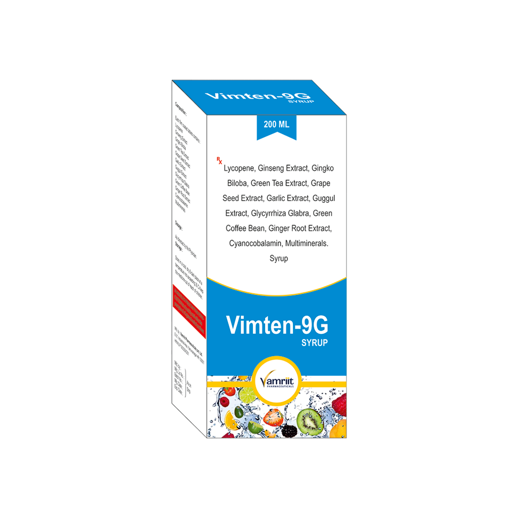 Vimten 9G Lycopene + Ginseng Extract + Ginkgo Biloba + Green Tea Extract + Grape Seed Extract + Garlic Extract + Guggul Extract + Glycyrrhiza Glabra + Green Coffee Bean + Ginger Root Extract + Cyanocobalamin + Multiminerals Syrup by Vamriit Pharmaceuticals | PCD Pharma Franchise & Third Party Manufacturing