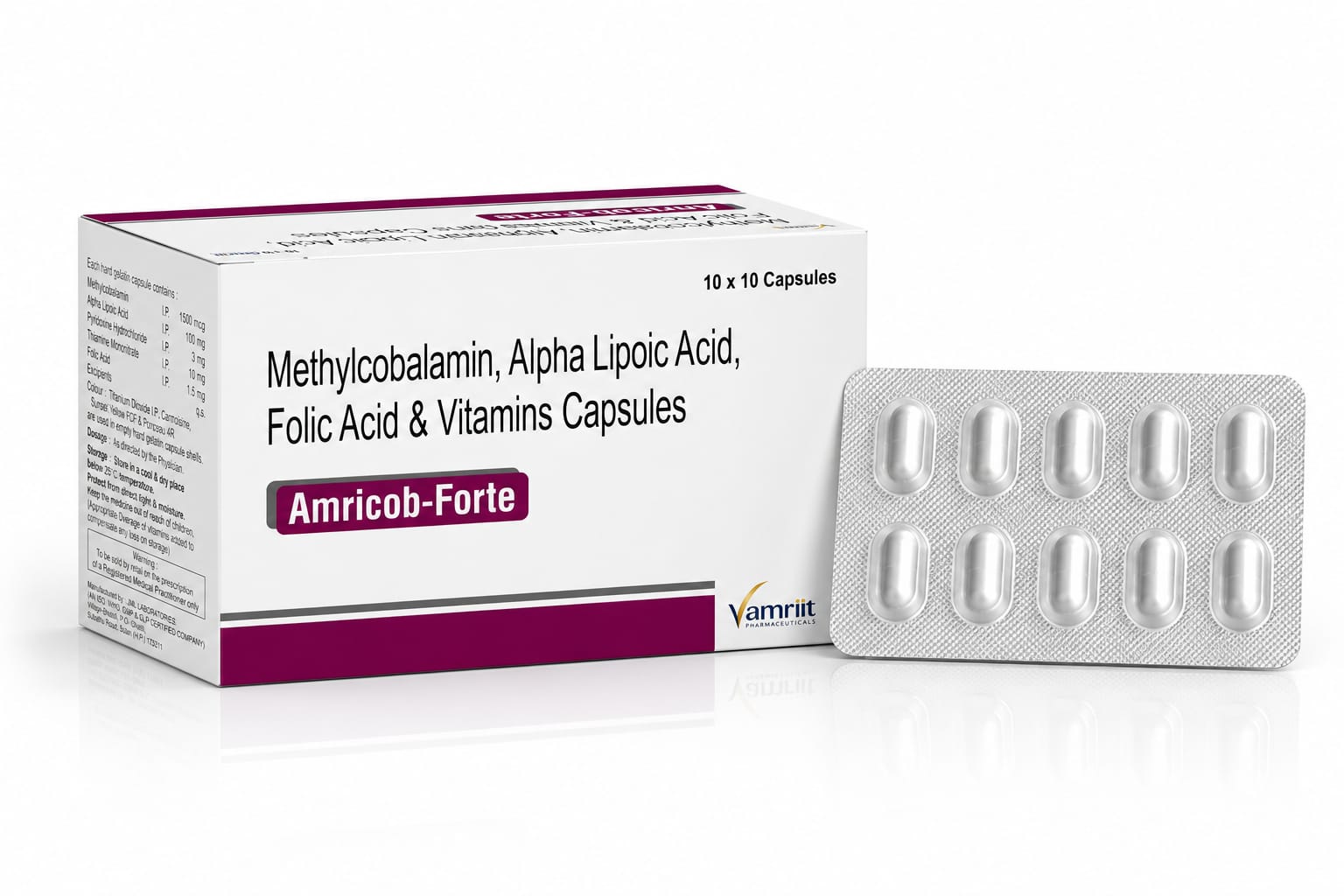 AMRICOB FORTE Methylcomblamin 1500 MCG. + ALA 100 MG + Thiamine 10 MG +Pyridoxine 3 MG + Foil Acid 1.5 MG Caps by Vamriit Pharmaceuticals | PCD Pharma Franchise & Third Party Manufacturing