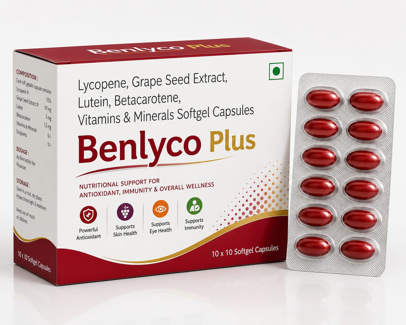 BENLYCO-PLUS Lycopene+ Grape Seed Extract + Lutein+Betacerotene+Vitamins+Minerals 10*10 by Vamriit Pharmaceuticals | PCD Pharma Franchise & Third Party Manufacturing