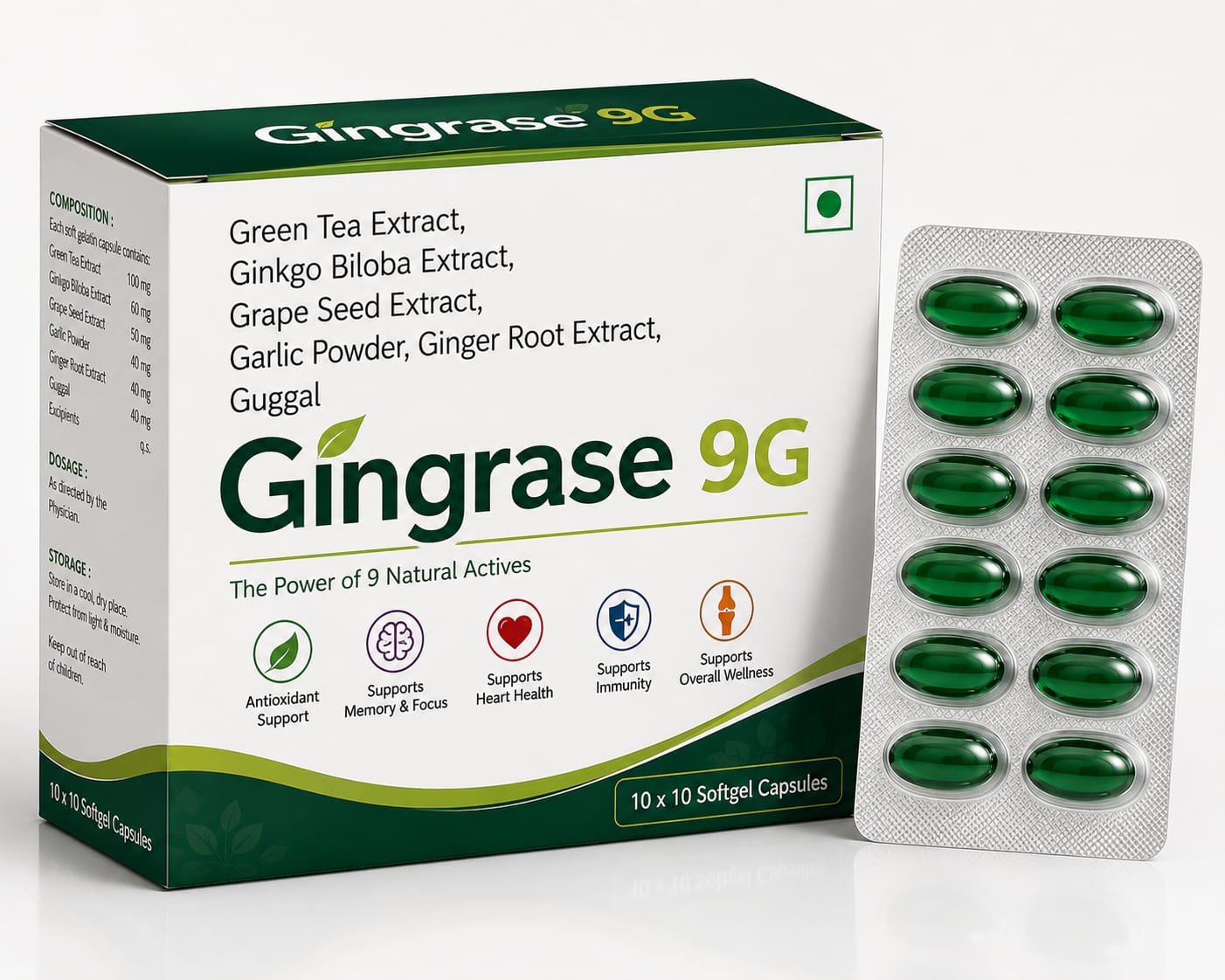 GINGRASE 9G Green Tea Extract + Ginkgo Biloba Extract + Ginseng Extract + Grape Seed Extract + Garlic Powder + Ginger Root Extract+ Guggal by Vamriit Pharmaceuticals | PCD Pharma Franchise & Third Party Manufacturing