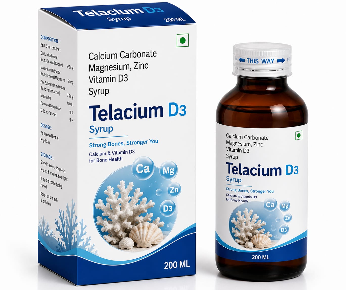 TELACIUM D3 SYP Calcium Carbonate 625 mg + Magnesium 180 mg + Zinc 14 mg + Vitamin D3 200 IU by Vamriit Pharmaceuticals | PCD Pharma Franchise & Third Party Manufacturing