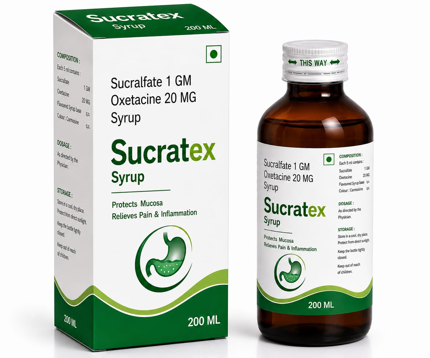 SUCRATEX SYP Sucralfate 1 g m & Oxetacaine 20mg. Suspension with cartoon by Vamriit Pharmaceuticals | PCD Pharma Franchise & Third Party Manufacturing