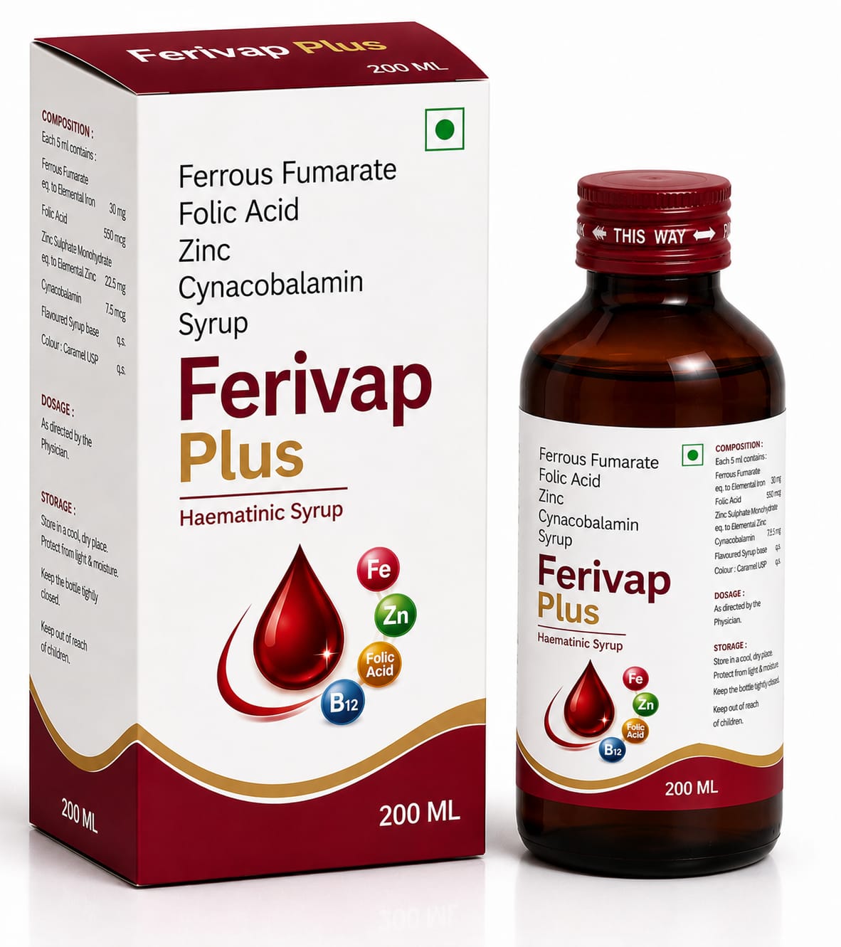 FERIVAP PLUS SYP Ferrous Fumorate (Eq To Ferrous Ascorbate) + Folic Acid & Zinc Syrup + Cynacobalamin with cartoon pack by Vamriit Pharmaceuticals | PCD Pharma Franchise & Third Party Manufacturing