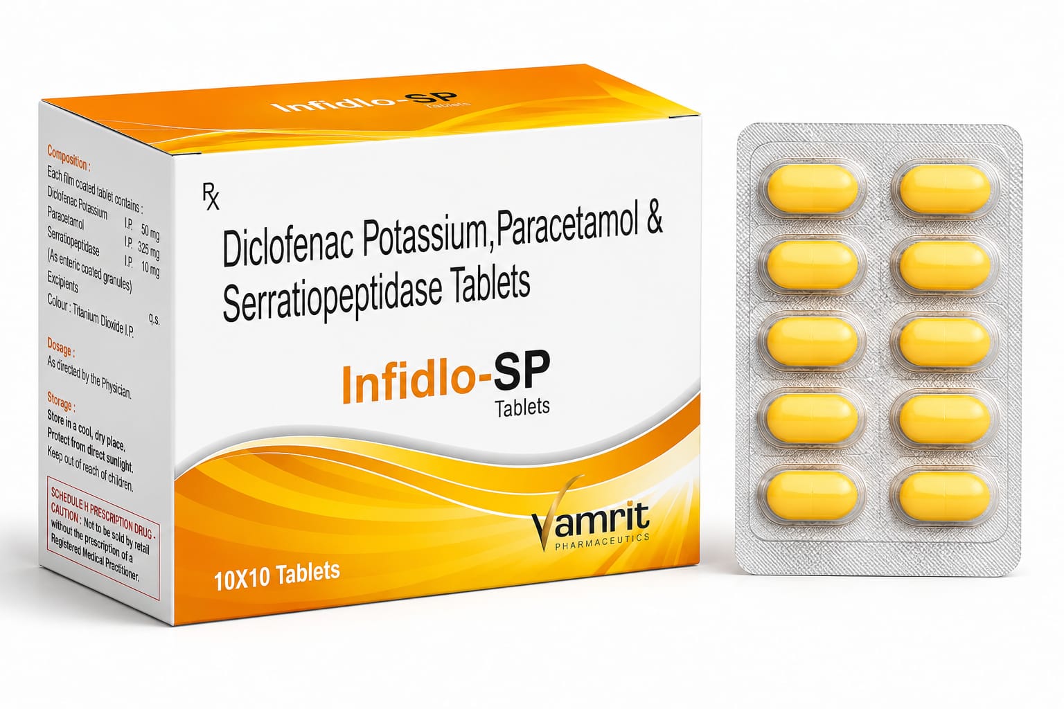 INFIDLO SP Diclofenac Potassium 50 Mg+ Paracetamol 325 Mg + Serratiopeptidase 10 Mg by Vamriit Pharmaceuticals | PCD Pharma Franchise & Third Party Manufacturing