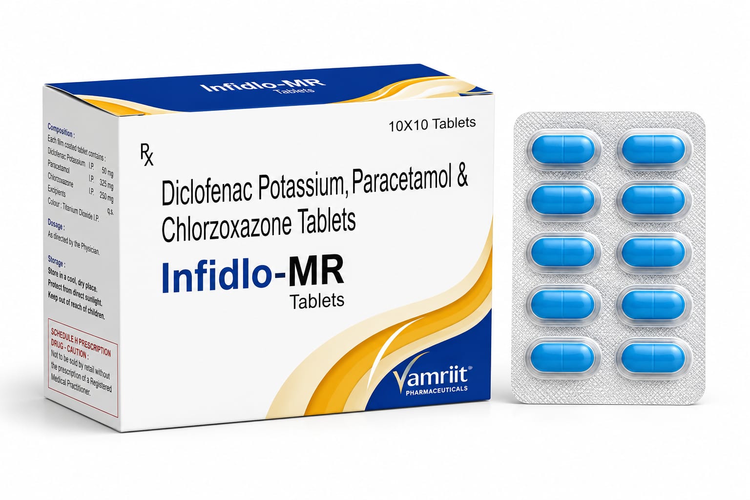 INFIDLO MR Diclofenac 100 Mg + Paracetamol 325 Chlorozoxazone 250 Mg by Vamriit Pharmaceuticals | PCD Pharma Franchise & Third Party Manufacturing