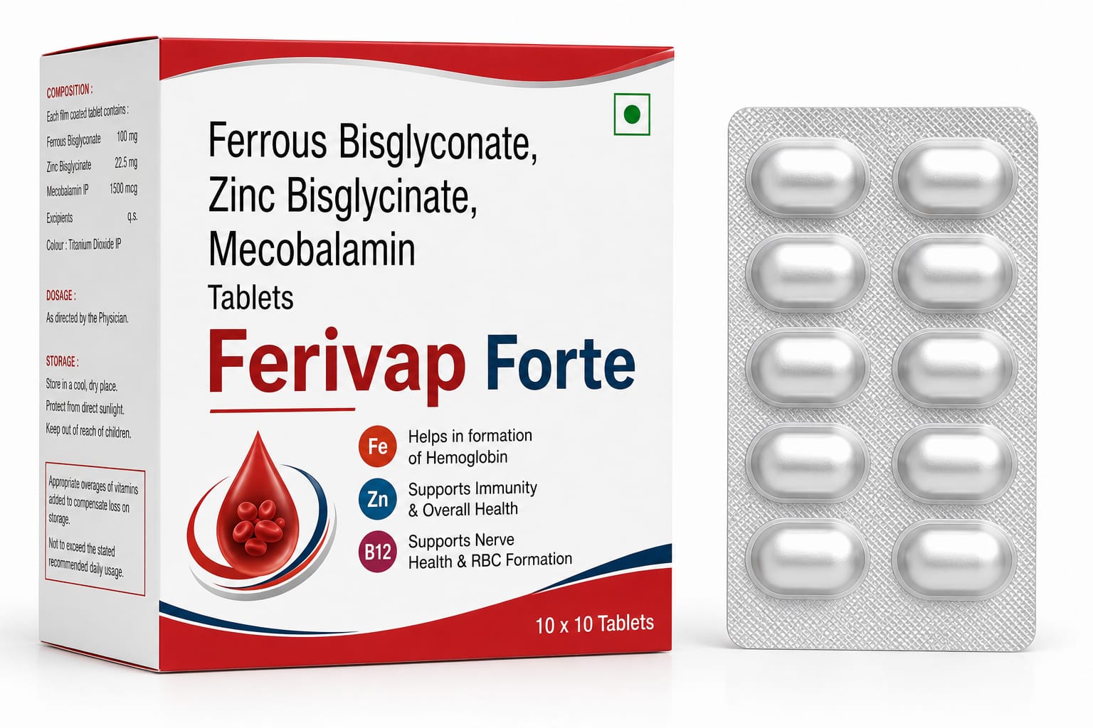 FERIVAP XT FORTE Ferrous Bisgylconate 60 Mg, Zinc Bisyglciante 15 Mg, Folic Acid & Mecobalamin 500 Table by Vamriit Pharmaceuticals | PCD Pharma Franchise & Third Party Manufacturing