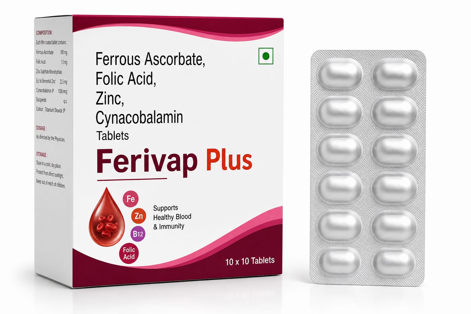 FERIVAP – Plus Ferrous Ascorbate 100mg + Folic Acid 1.5mg+ Zinc 7.5mg Methylcobalamin Tablet by Vamriit Pharmaceuticals | PCD Pharma Franchise & Third Party Manufacturing