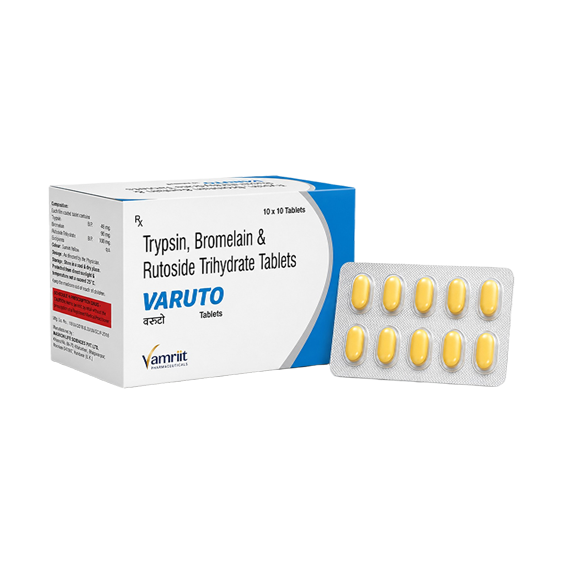VARUTO Trypsin 48 Mg + Bromelain 90 Mg + Rutoside Trihydrate 100 mg by Vamriit Pharmaceuticals | PCD Pharma Franchise & Third Party Manufacturing